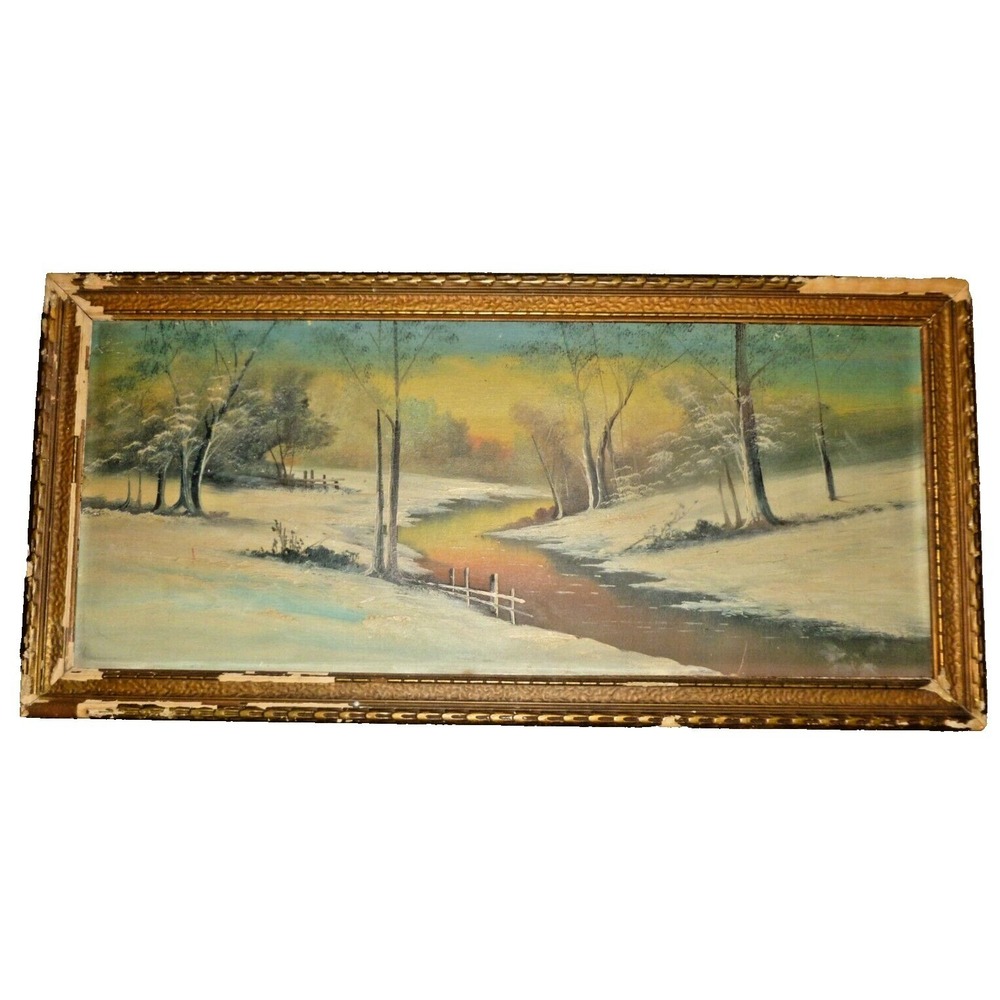 Vintage Winter Landscape Oil Painting Gilded Wood Frame Snow Stream Scene Art